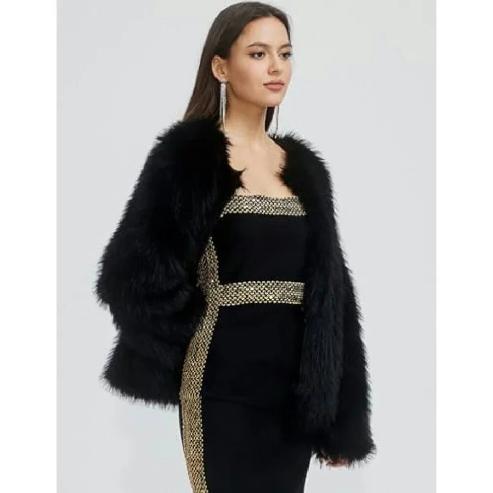 Faux Fur Cropped Jacket with Pockets, Long Sleeve, Size L